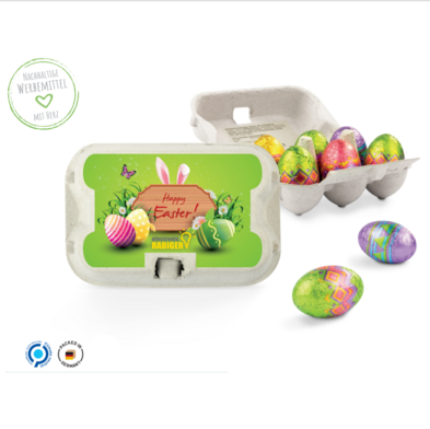 Mini-Schokoeier in Eierkarton mit Werbedruck