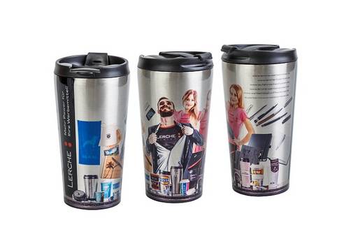 Coffee2go-Becher aus Metall mit individuellem Fotodruck als Werbeartikel