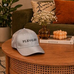 Baseballcap in silber mit coolen Logo bestickt für das Flesslers Hotel in Leggreis, Oberbayern