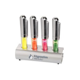 Ständer mit vier Textmarkern mit Werbebedruckung vorderseitig