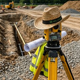 Geflochtener Strohhut als Werbeartikel mit HOLZER-Logodruck auf Vermessungsgerät an einer Baustelle.