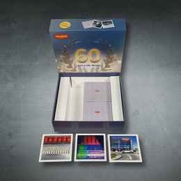 Vollflächig bedrucktes Memory Spiel als Werbeartikel mit individuell bedruckten Karten und Jubiläumsdesign „60 Jahre Mr. Wash“.