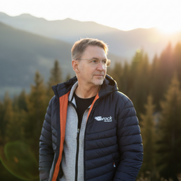 Steppjacke mit gesticktem Firmenlogo „Brock Alloy Wheels“ auf der Brust, getragen von einem Mann, der in der Natur steht.